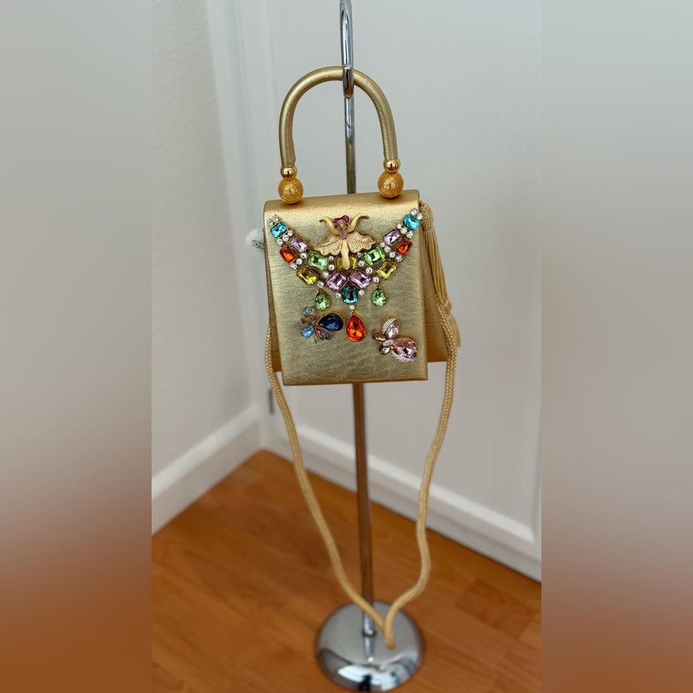 Gold Mini Crossbody Bag with Multicolor Crystal Accents